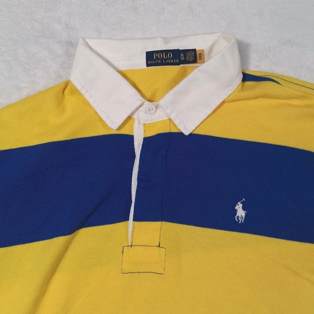 Polo Ralph Lauren Men's Long Sleeve Rugby Shirt Yellow Blue Striped Size XL